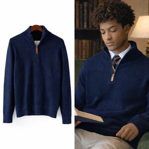 St. John's Bay Men's Quarter Zip Navy Sweater Size M Knit Pullover Casual Preppy